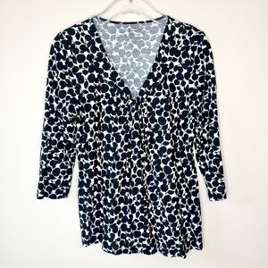 Talbots White and Black Floral Print V Neck Twist Detail Top Size M